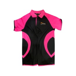 Customized short-sleeved horn sleeve Polo shirt, designed black contrasting pink polo shirt, cuffs pink contrasting black, 100% polyester, double layer shirt legs, double layer cuffs P1566 Customized short-sleeved horn sleeve Polo shirt, designed black contrasting pink polo shirt, cuffs pink contrasting black, 100% polyester, double layer shirt legs, double layer cuffs P1566